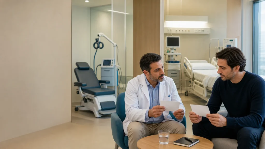 TMS ve EKT seçeneklerini uygulama biçimi ve klinik ihtiyaçlara göre değerlendiren psikiyatri uzmanı ve hasta